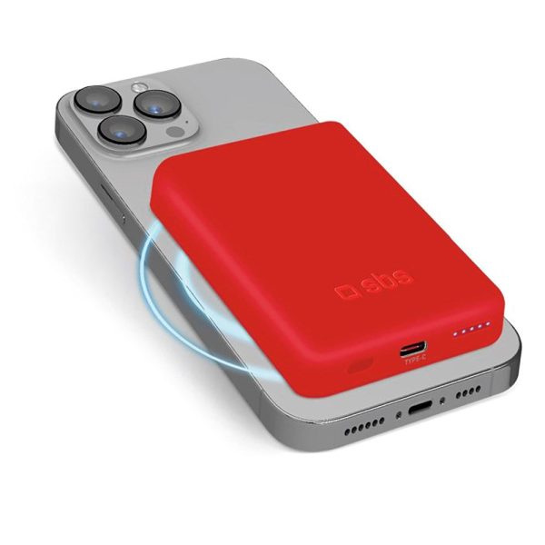 SBS Mag PowerBank 5000 mAh m. USB-C & Trådløs Opladning - Rød For Sale