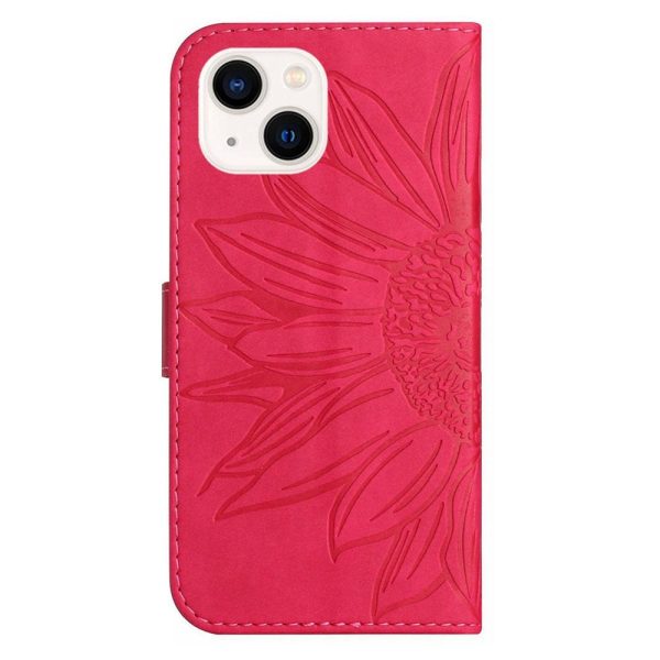 iPhone 15 Læder Cover m. Pung & Strop - Solsikke Indgravering - Pink Hot on Sale