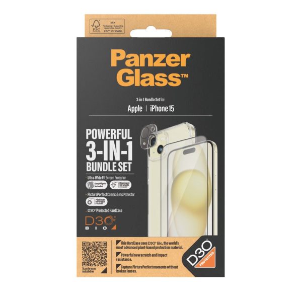 iPhone 15 PanzerGlass 3-i-1 Bundle m. EasyAligner - Cover   Skærmbeskyttelse (UWF)   Kamerabeskyttelse - Gennemsigtig   Sort For Cheap