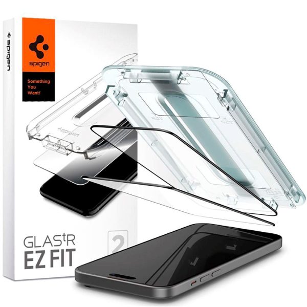 iPhone 15 Spigen EZ Fit Glas.tR Skærmbeskyttelse - 2 stk. - Case Friendly - Sort Kant Sale