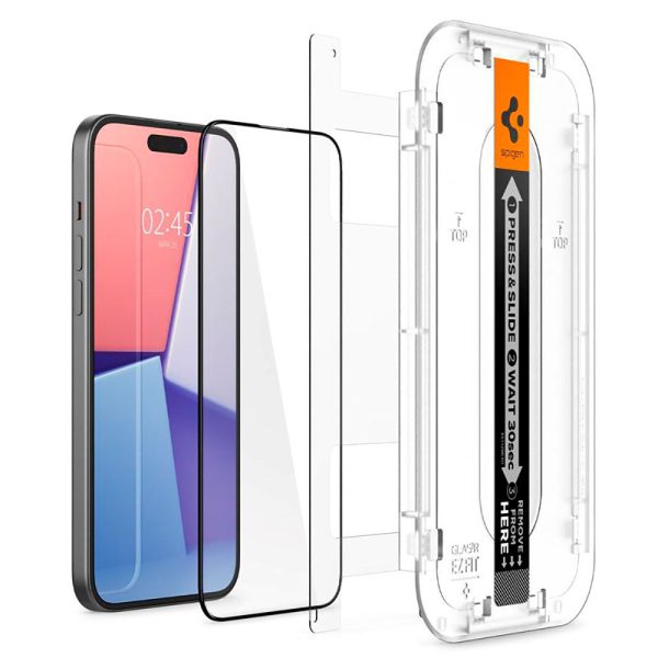 iPhone 15 Spigen EZ Fit Glas.tR Skærmbeskyttelse - 2 stk. - Case Friendly - Sort Kant Sale