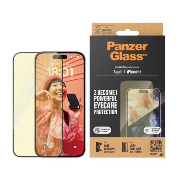 iPhone 15 PanzerGlass Ultra Wide Fit Skærmbeskyttelse m. EasyAligner - Anti-Reflective - Anti-Blue Light - Diamond Strength - Gennemsigtig   Sort Kant Sale