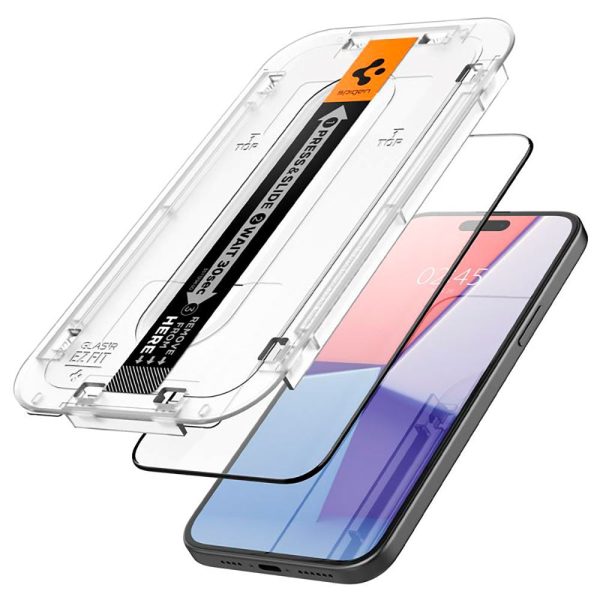 iPhone 15 Spigen EZ Fit Glas.tR Skærmbeskyttelse - 2 stk. - Case Friendly - Sort Kant Sale