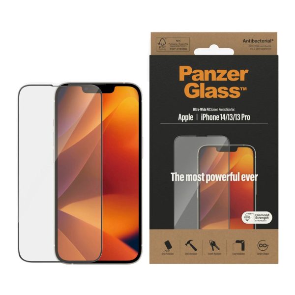 iPhone 14   13   13 Pro PanzerGlass AntiBacterial Ultra Wide Fit Skærmbeskyttelse - Diamond Strength - Gennemsigtig   Sort Kant Online Hot Sale