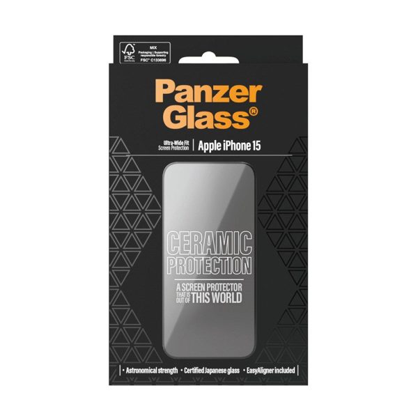 iPhone 15 PanzerGlass Ultra Wide Fit Ceramic Skærmbeskyttelse m. EasyAligner - Sort Kant For Sale