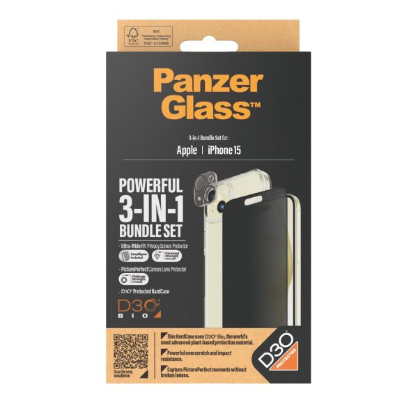 iPhone 15 PanzerGlass 3-i-1 Bundle m. EasyAligner - Cover   Privacy Skærmbeskyttelse (UWF)   Kamerabeskyttelse - Gennemsigtig   Sort Online