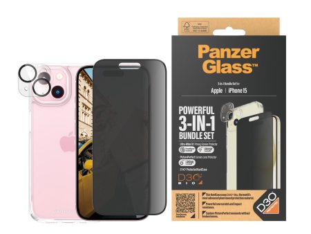 iPhone 15 PanzerGlass 3-i-1 Bundle m. EasyAligner - Cover   Privacy Skærmbeskyttelse (UWF)   Kamerabeskyttelse - Gennemsigtig   Sort Online