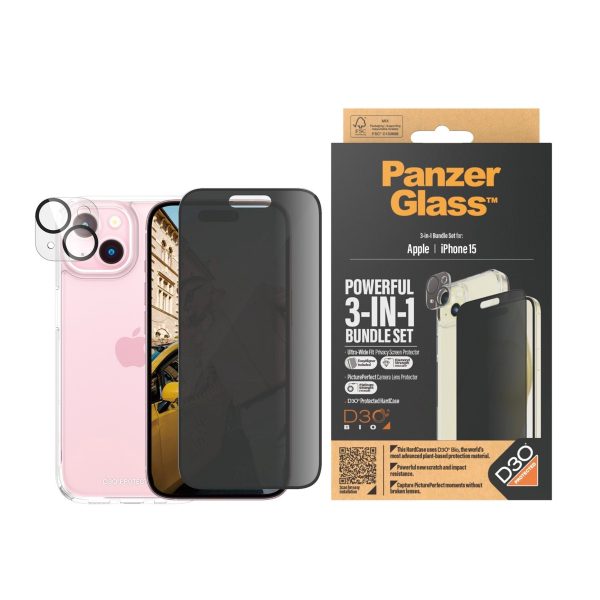 iPhone 15 PanzerGlass 3-i-1 Bundle m. EasyAligner - Cover   Privacy Skærmbeskyttelse (UWF)   Kamerabeskyttelse - Gennemsigtig   Sort Online